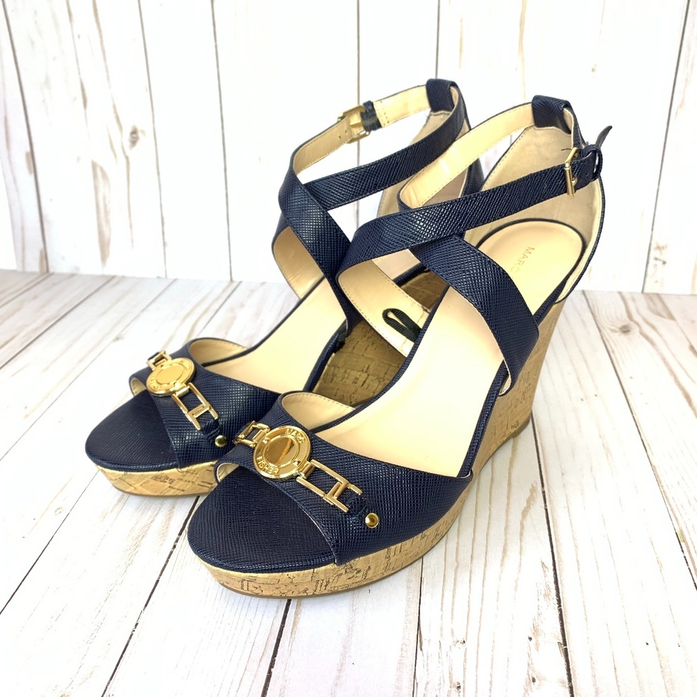Marc Fisher Wedge Sandals blue and gold  NWOB